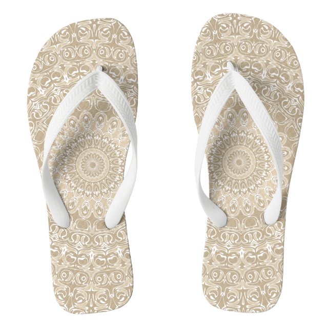 Khaki and White Ornamental Mandala Pattern Flip Flops (Footbed)