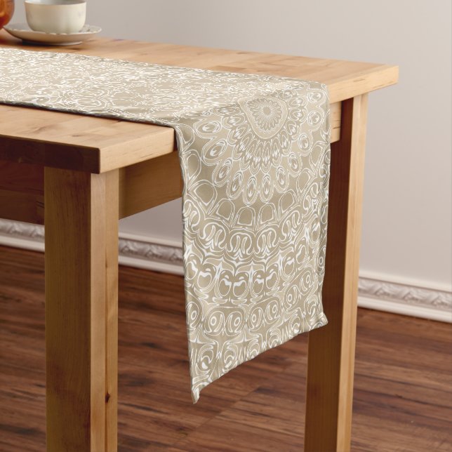 Khaki and White Ornamental Mandala Pattern Long Table Runner (In Situ)