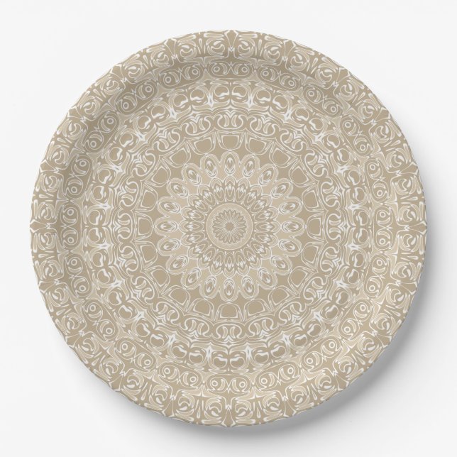 Khaki and White Ornamental Mandala Pattern Paper Plates (Front)