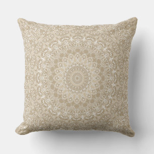 Khaki and White Ornamental Mandala Pattern Throw Pillow