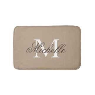 Khaki beige bath mat with elegant name monogram