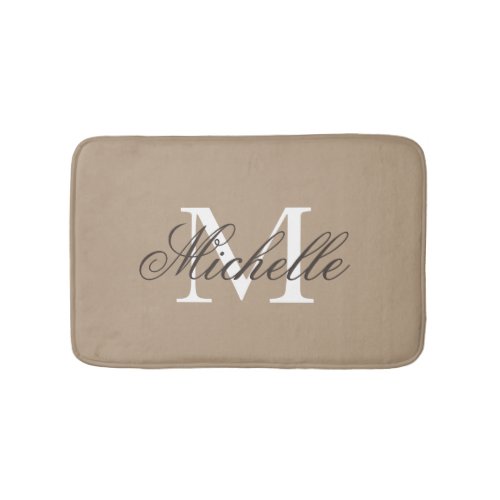 Khaki beige bath mat with elegant name monogram