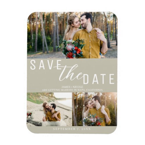 Khaki Beige Save the Date Wedding 3 Photos Magnet