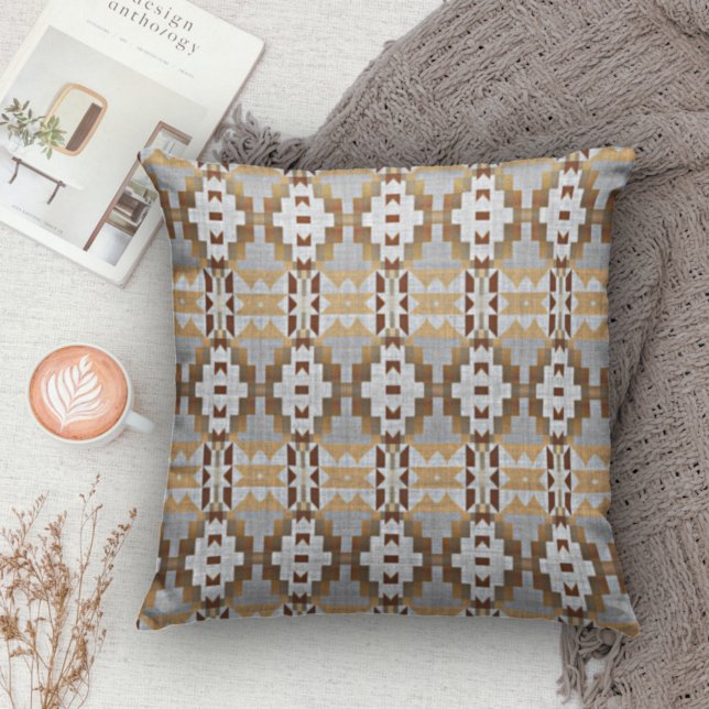 Khaki Beige Taupe Dark Brown Gray Tribal Art Throw Pillow (Creator Uploaded)