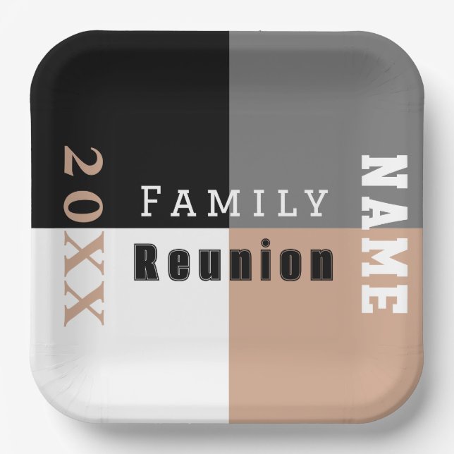 Khaki, black and white custom family reunion paper plates (Front)