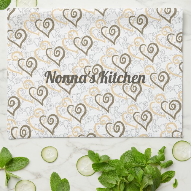 Khaki Brown Linked Heart Art Custom Kitchen Towel (Folded)