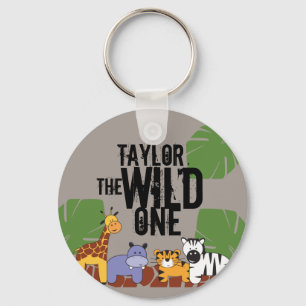 Khaki Brown Wild One Safari Animals Personalized Keychain