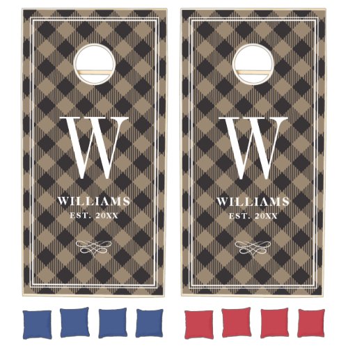 Khaki Buffalo Plaid Family Name Monogram Cornhole Set