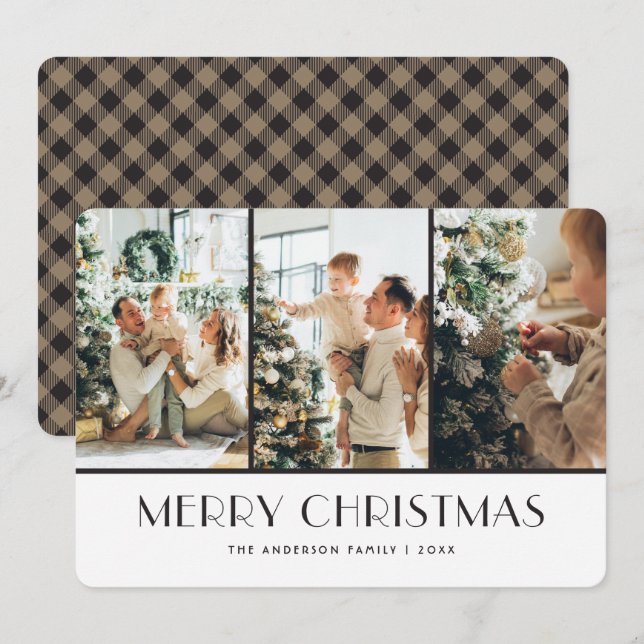 Khaki Buffalo Plaid Photo Collage Christmas Cards (Front/Back)
