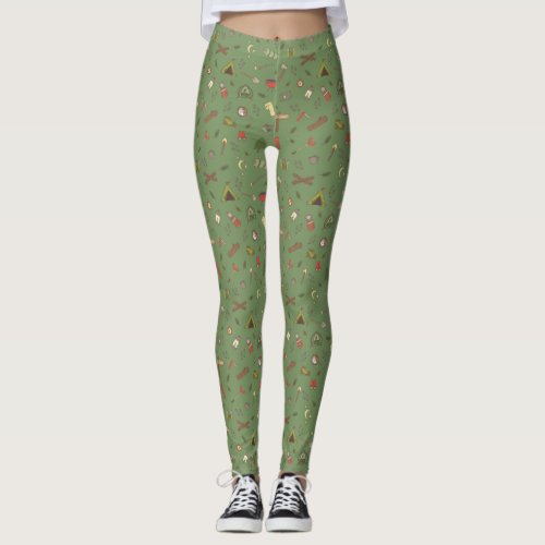 Khaki Camping Themed Outdoors Campfire Pattern Leggings