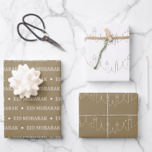 Khaki Eid Mubarak Masjid Pattern Design Wrapping Paper Sheets