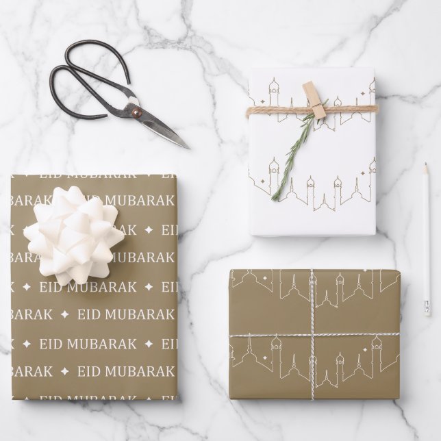 Khaki Eid Mubarak Masjid Pattern Design Wrapping Paper Sheets (Front)