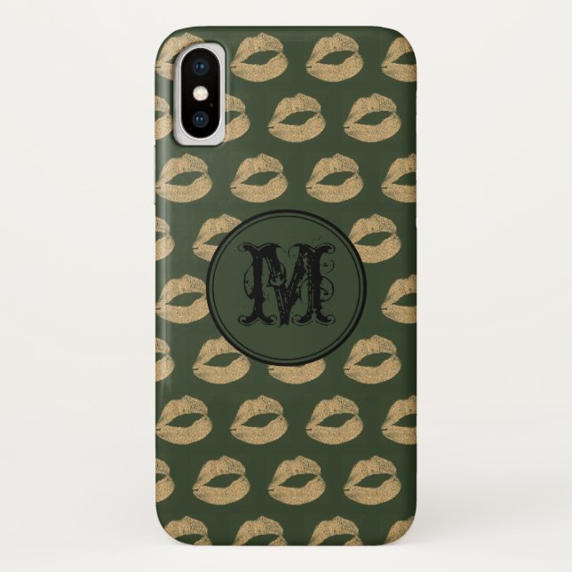 Khaki golden lips Gothic Personalized Monogram Case-Mate iPhone Case (Back)