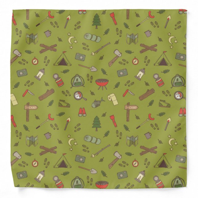 Khaki Green Camping and Hiking Themed Bandana (Front)
