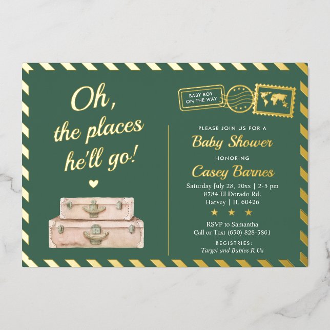 Khaki Green Gold Adventure Travel Baby Boy Shower Foil Invitation (Front)