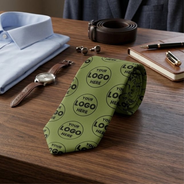Khaki Green / Olive Custom Logo Repeat Pattern Neck Tie (Khaki Green Custom Logo Repeat Pattern Professional Branded Tie)