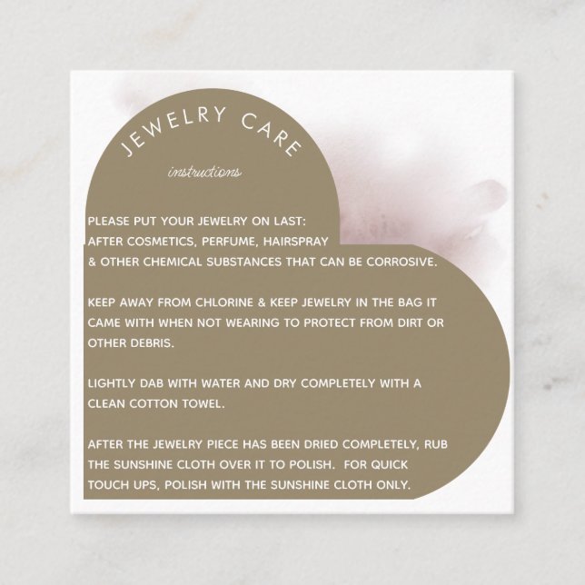 Khaki Heart Arch Jewelry Care Instruction Thanks Square Business Card (Front)