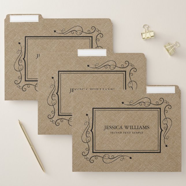 Khaki linen texture black frame file folder (Set)