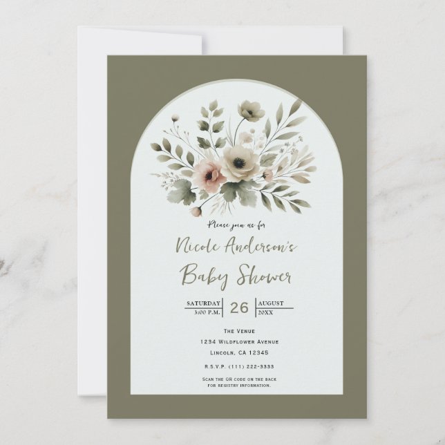 Khaki Olive Green Watercolor Floral Baby Shower Invitation (Front)