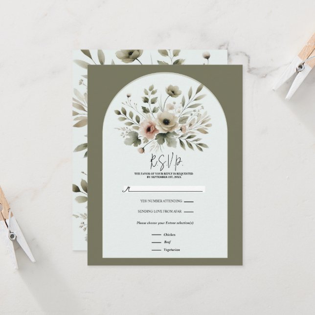 Khaki Olive Green Watercolor Floral RSVP Invitation (Front/Back In Situ)