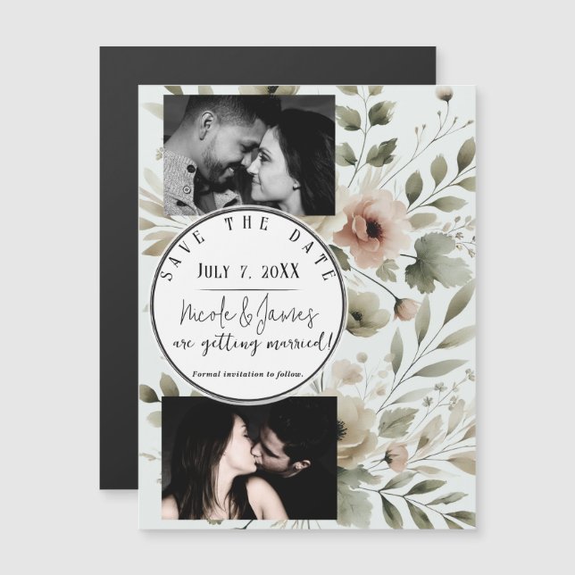 Khaki Olive Green Watercolor Floral Save Date (Front/Back)