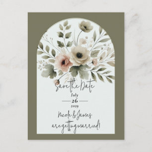 Khaki Olive Green Watercolor Floral Save the Date Announcement Postcard