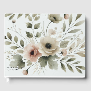 Khaki Olive Green Watercolor Floral Wedding Guest Book