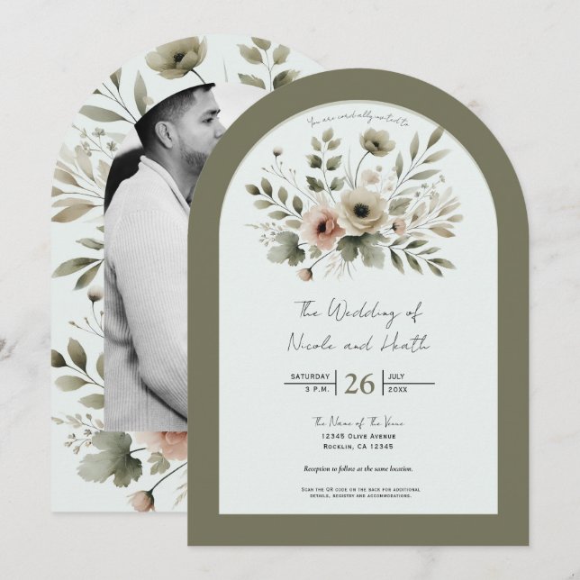 Khaki Olive Green Watercolor Floral Wedding Invitation (Front/Back)