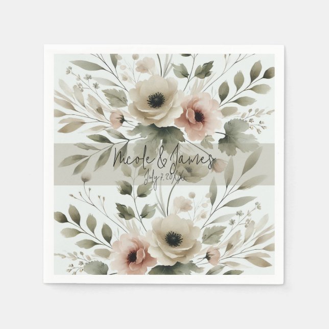 Khaki Olive Green Watercolor Floral Wedding Napkins (Front)