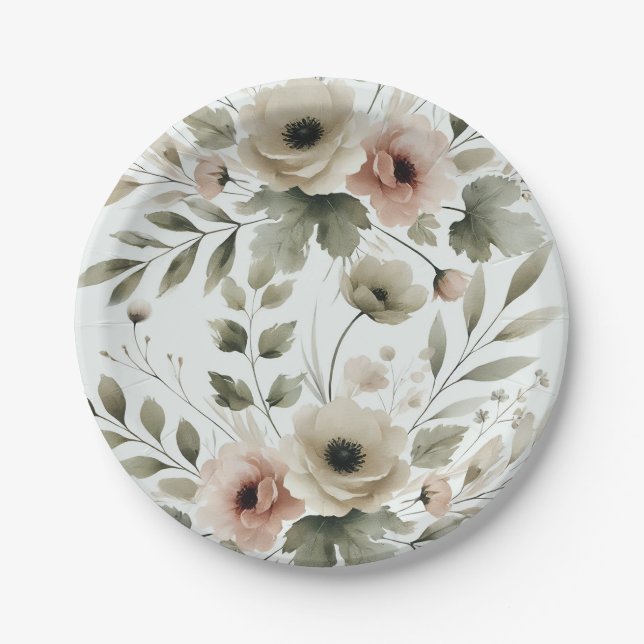Khaki Olive Green Watercolor Floral Wedding Paper Plates (Front)