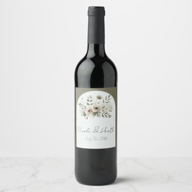 Khaki Olive Green Watercolor Floral Wedding Wine Label (Front)