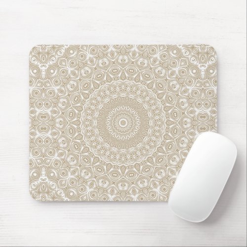 Khaki on White Mandala Kaleidoscope Medallion Mouse Pad