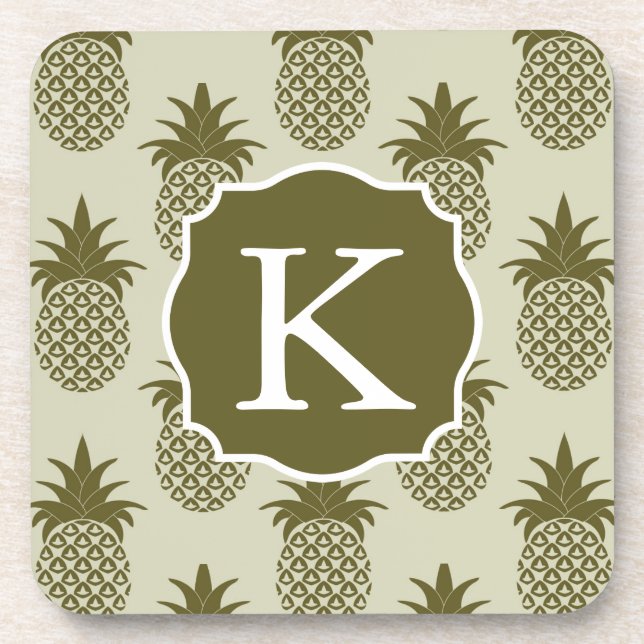 Khaki Pineapple Pattern | Add Your Initial Beverage Coaster (Front)