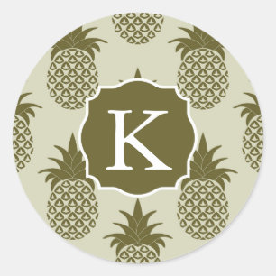 Khaki Pineapple Pattern Add Your Initial Classic Round Sticker