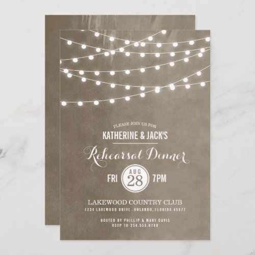 Khaki String Lights Rehearsal Dinner Invitation