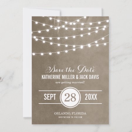 Khaki String Lights Save The Date Announcement