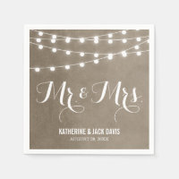 Khaki String Lights Wedding Monogram Paper Napkin