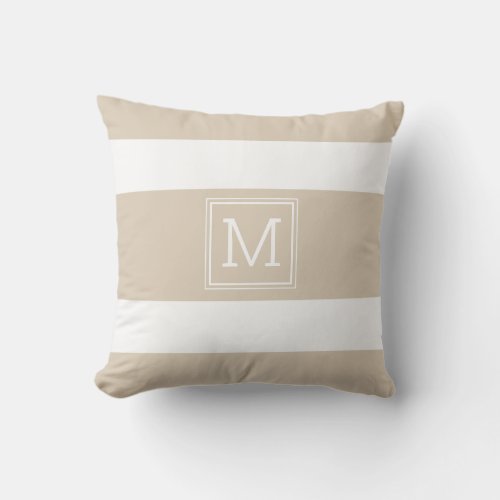Khaki Tan and White Stripes Simple Monogram Custom Outdoor Pillow