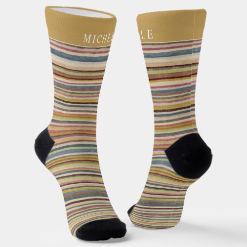 Khaki Tan Brown Lines Striped Custom Name  Socks