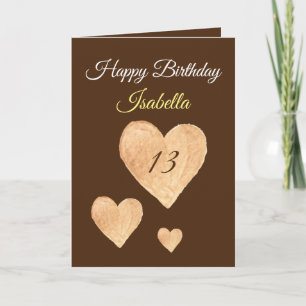 Khaki Watercolor Heart 13th Birthday Cute Card