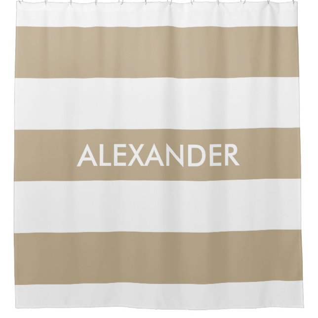 Khaki White Bold Horiz Stripe #3 Monogram Shower Curtain (Front)