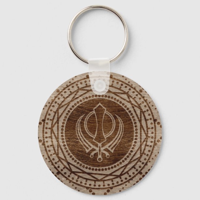 Khanda symbol on Wooden texture Keychain (Front)