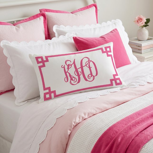 KHD Hot Pink Greek Key Script Monogram Lumbar Pillow (Creator Uploaded)