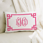 KHD Hot Pink Greek Key Script Monogram Lumbar Pillow<br><div class="desc">PLEASE CONTACT ME BEFORE ORDERING WITH YOUR MONOGRAM INITIALS IN THIS ORDER: FIRST, LAST, MIDDLE. I will customize your monogram and email you the link to order. Please do not purchase until I have sent you the link with your customized monogram. Cute girly preppy modern throw pillow with a geometric...</div>