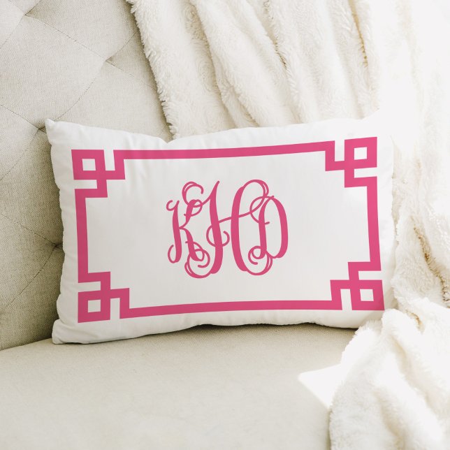 KHD Hot Pink Greek Key Script Monogram Lumbar Pillow (Creator Uploaded)