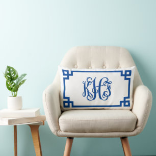 KHF Royal Blue Greek Key Script Monogram Lumbar Pillow