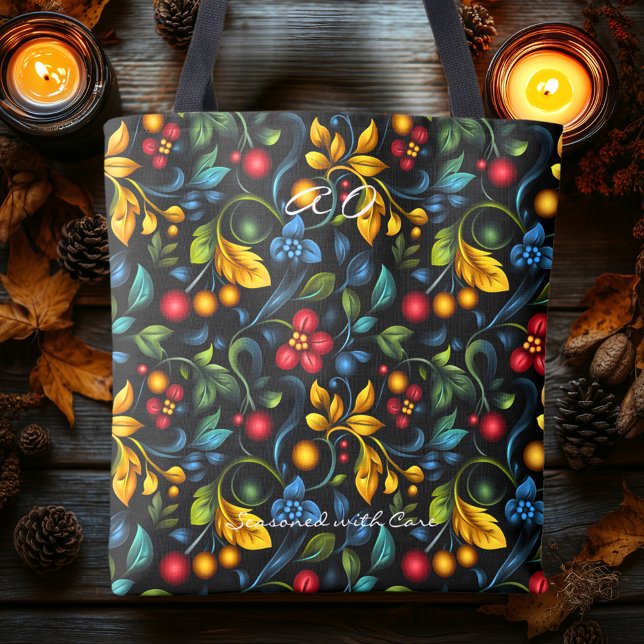 Khokhloma Botanical – Folk Leaves and Berries Tote Bag (Creator Uploaded)