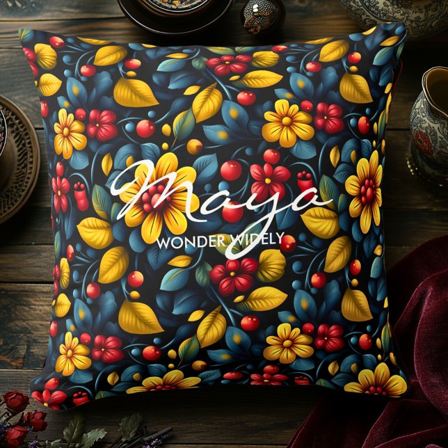 Khokhloma Inspired Floral Folk Pattern in Red Gold Throw Pillow (Creator Uploaded)