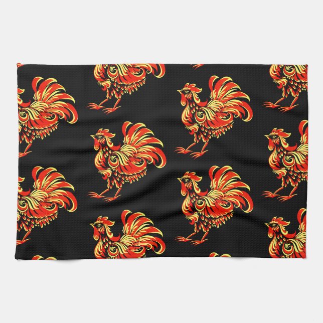 Khokhloma rooster kitchen towel (Horizontal)