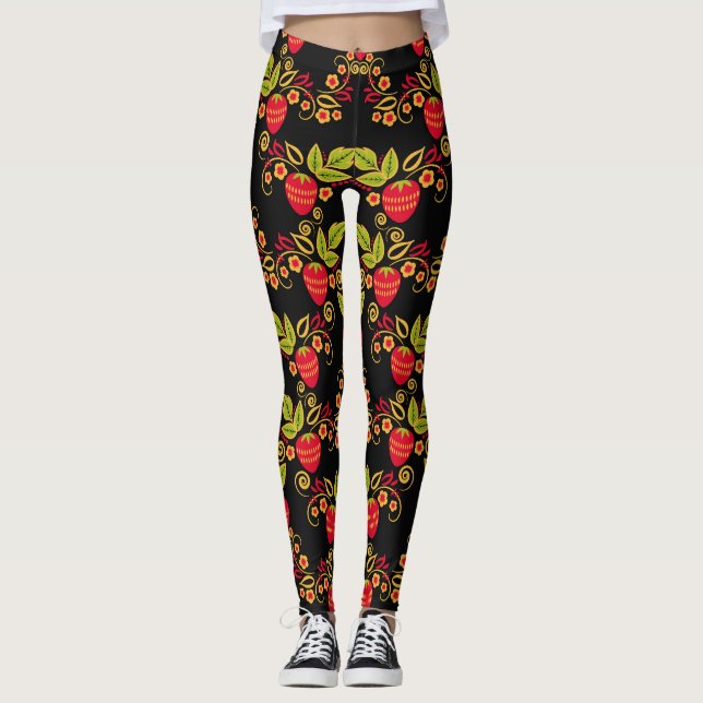 Khokhloma Russian Berries: Traditional Style Leggings (Front)